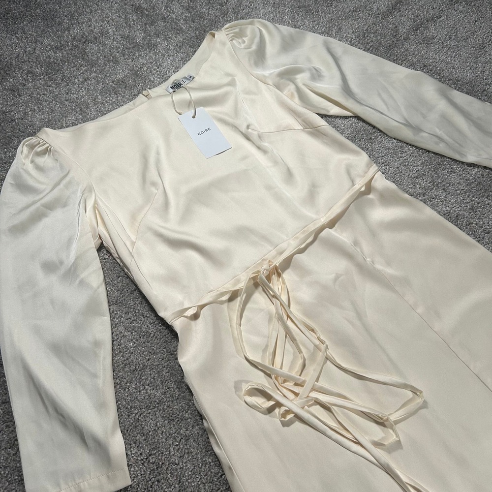 NOIRE Women Cream Satin Long Sleeve Midi Dress with Front Slit and Waist Tie S - Picture 3 of 13
